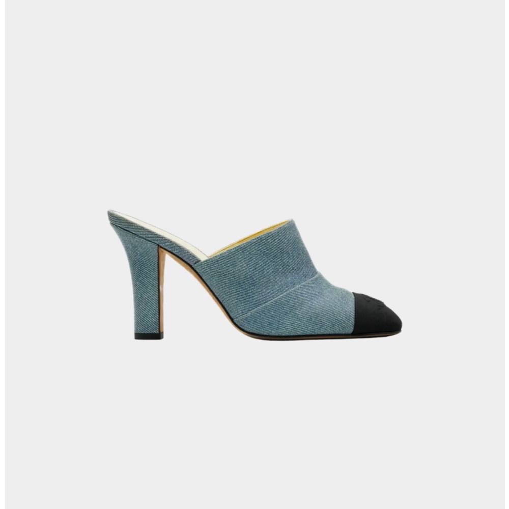 CHANEL Denim Blue and Black Grosgrain Ribbon Heeled Mules